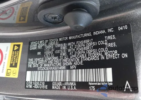 2010 Toyota Highlander Base V6 from USA, damaged, VIN 5TDZK3EHXAS014696